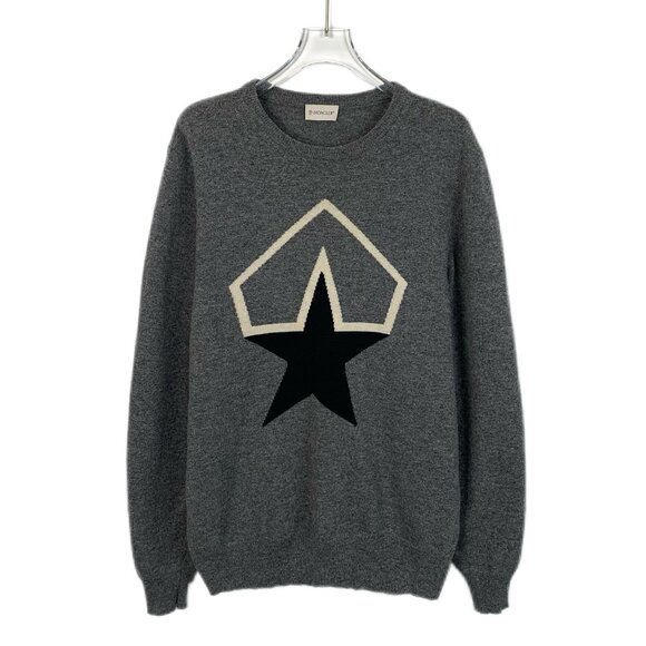 H13387 Moncler Maglone Tricot series dark grey logo patch wool crew neck long sl